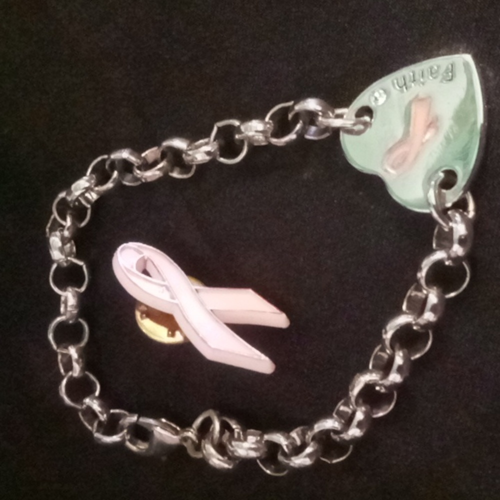 Breast cancer awareness bracelet on a rolo chain stainless. Inspirational faith